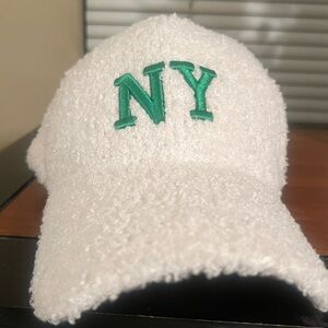 NY Embroidered Cream Bouclé Baseball Cap